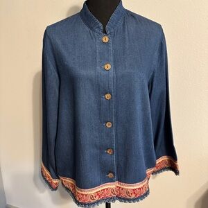 Blue Button-Up Blouse with Stylized Hem